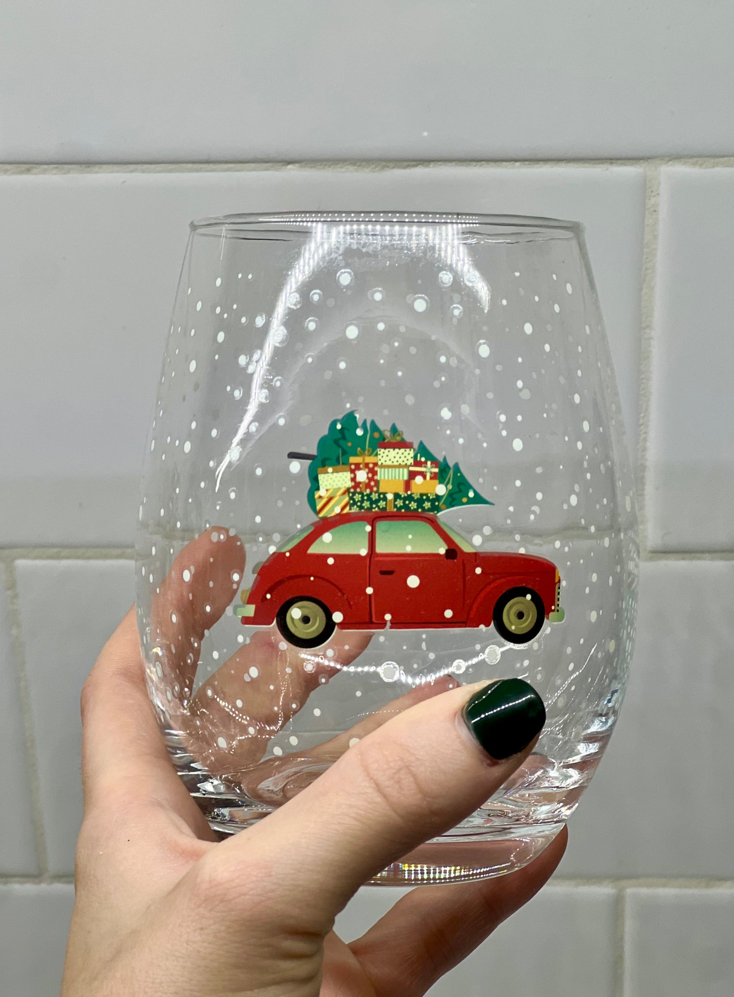 Red Car with Christmas Tree Glass Cup