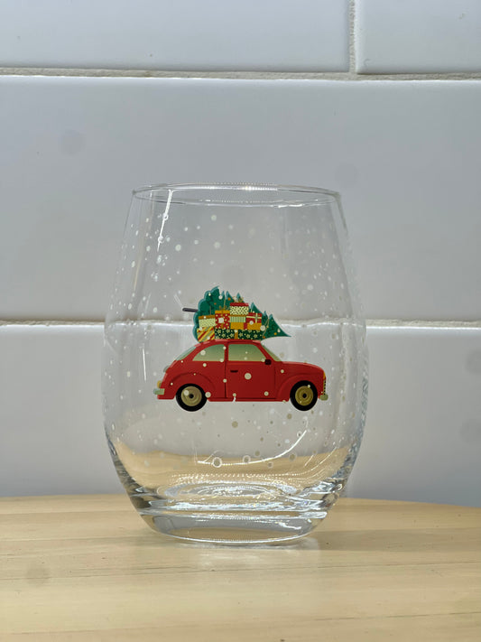 Red Car with Christmas Tree Glass Cup