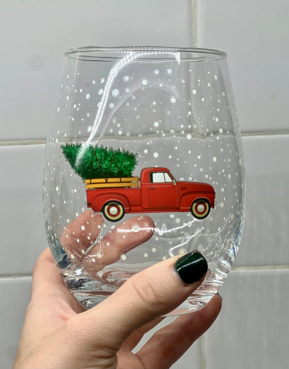 Red Car with Christmas Tree Glass Cup